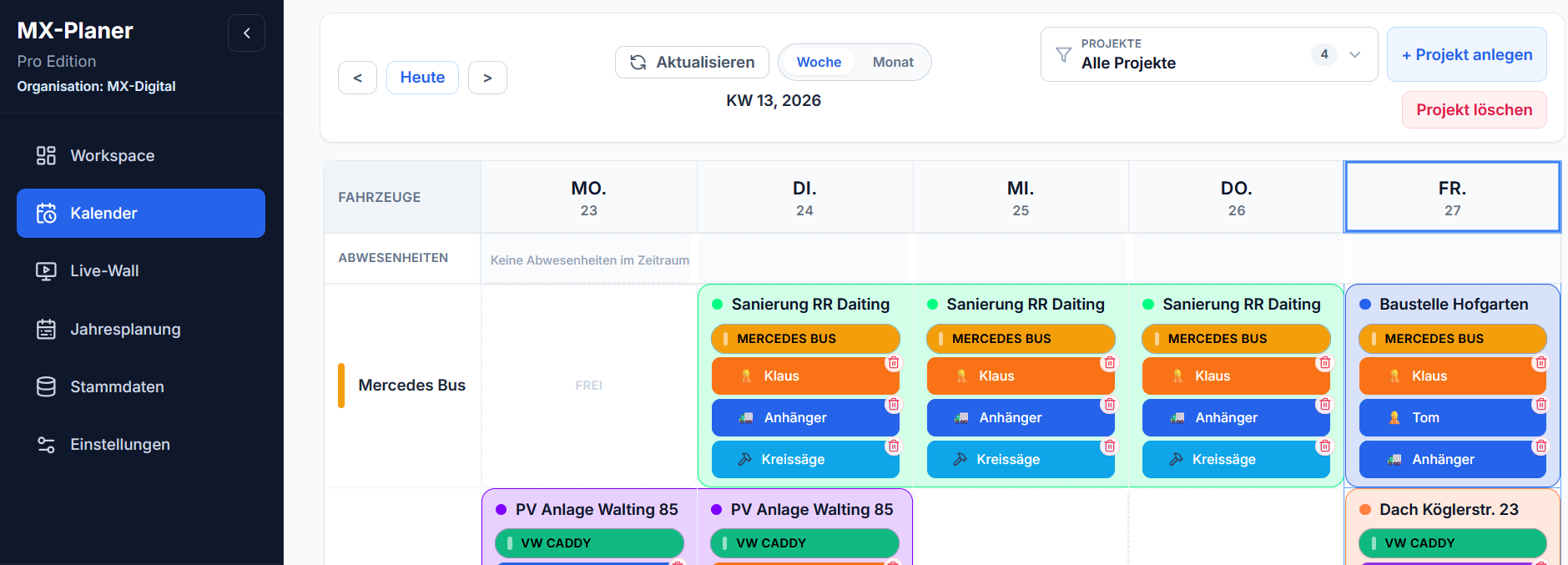 Kalenderansicht des MX-Planers